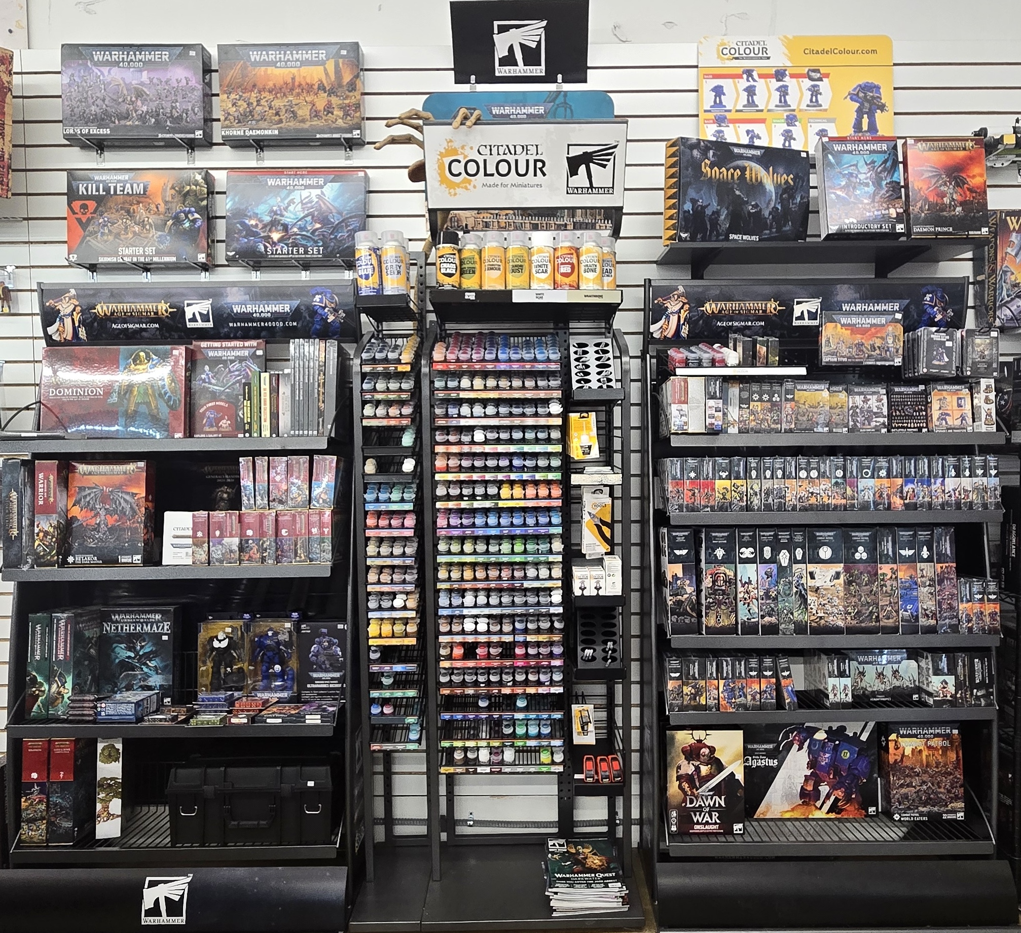 Full Warhammer wall display with Citadel paints at Centerpoint